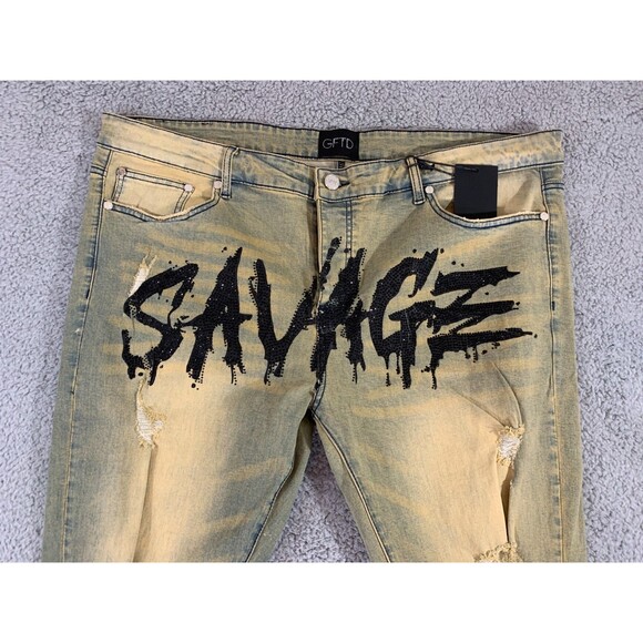 GFTD Los Angeles Men's Jeans Savage Wearable Art 42 Distressed Embellished NWT - Picture 2 of 12